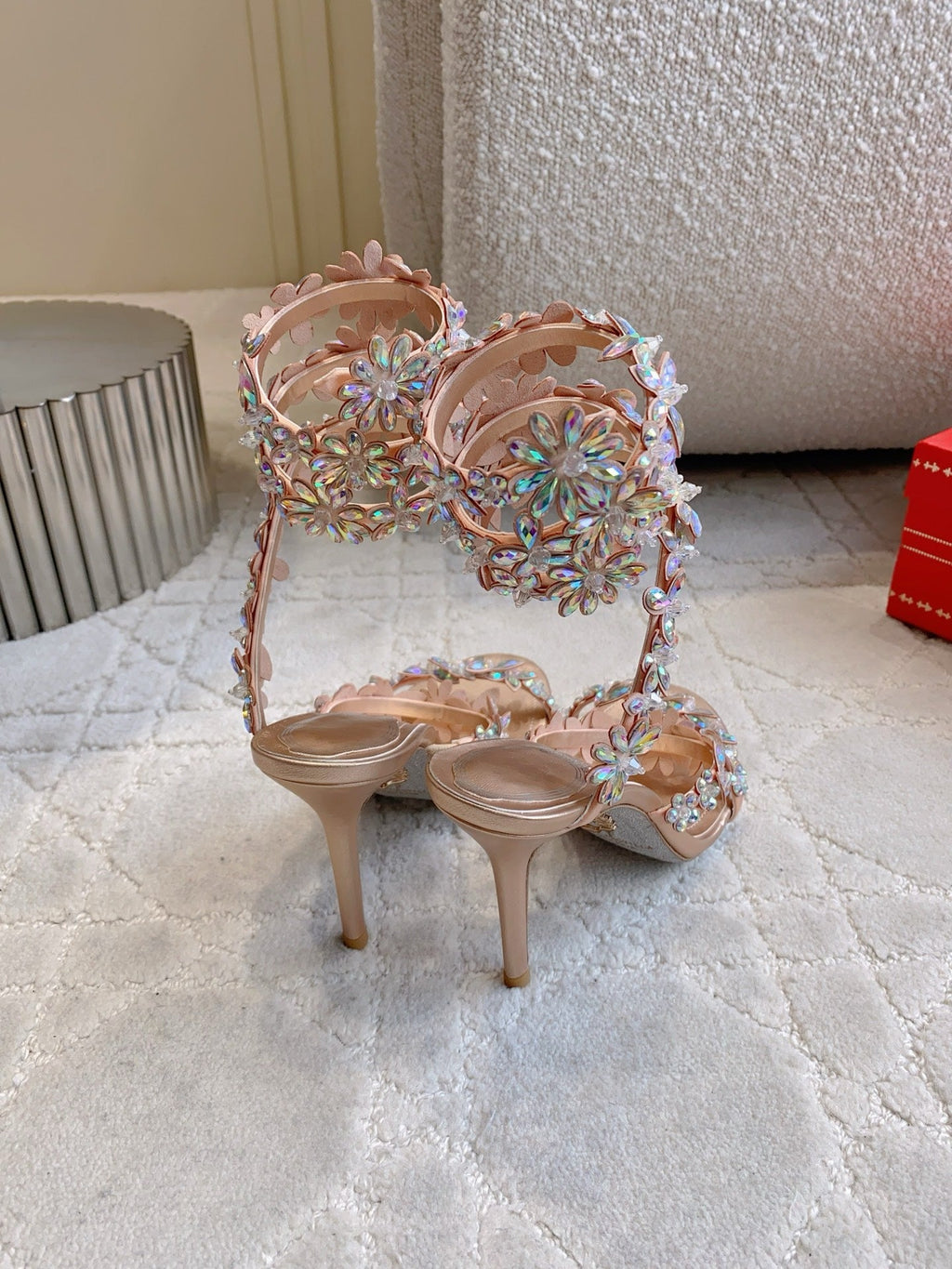 RENE CAOVILLA 26S HEEL SANDALS 95 MM IN ROSE GOLD LAMBSKIN CRYSTAL FLOWER EMBELLISHMENTS