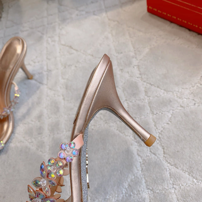RENE CAOVILLA 26S HEEL SANDALS 65 MM IN ROSE GOLD LAMBSKIN CRYSTAL FLOWER EMBELLISHMENTS