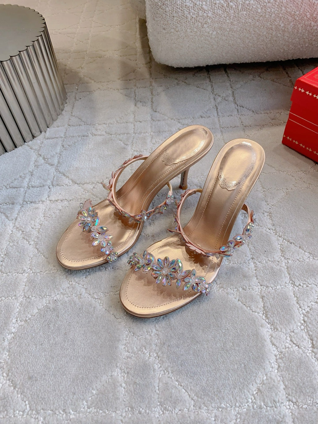 RENE CAOVILLA 26S HEEL SANDALS 65 MM IN ROSE GOLD LAMBSKIN CRYSTAL FLOWER EMBELLISHMENTS