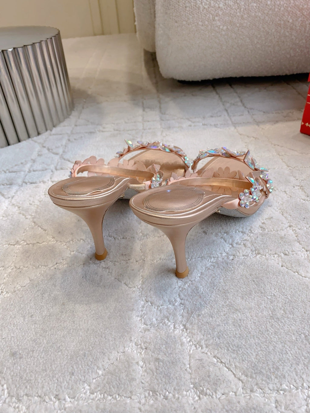 RENE CAOVILLA 26S HEEL SANDALS 65 MM IN ROSE GOLD LAMBSKIN CRYSTAL FLOWER EMBELLISHMENTS