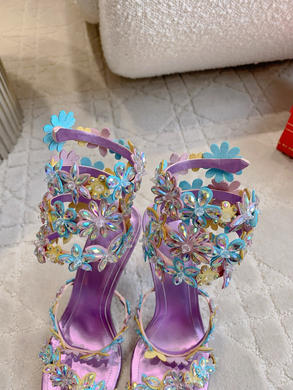 RENE CAOVILLA 26S HEEL SANDALS 95 MM IN METALLIC PURPLE LAMBSKIN CRYSTAL FLOWER EMBELLISHMENTS