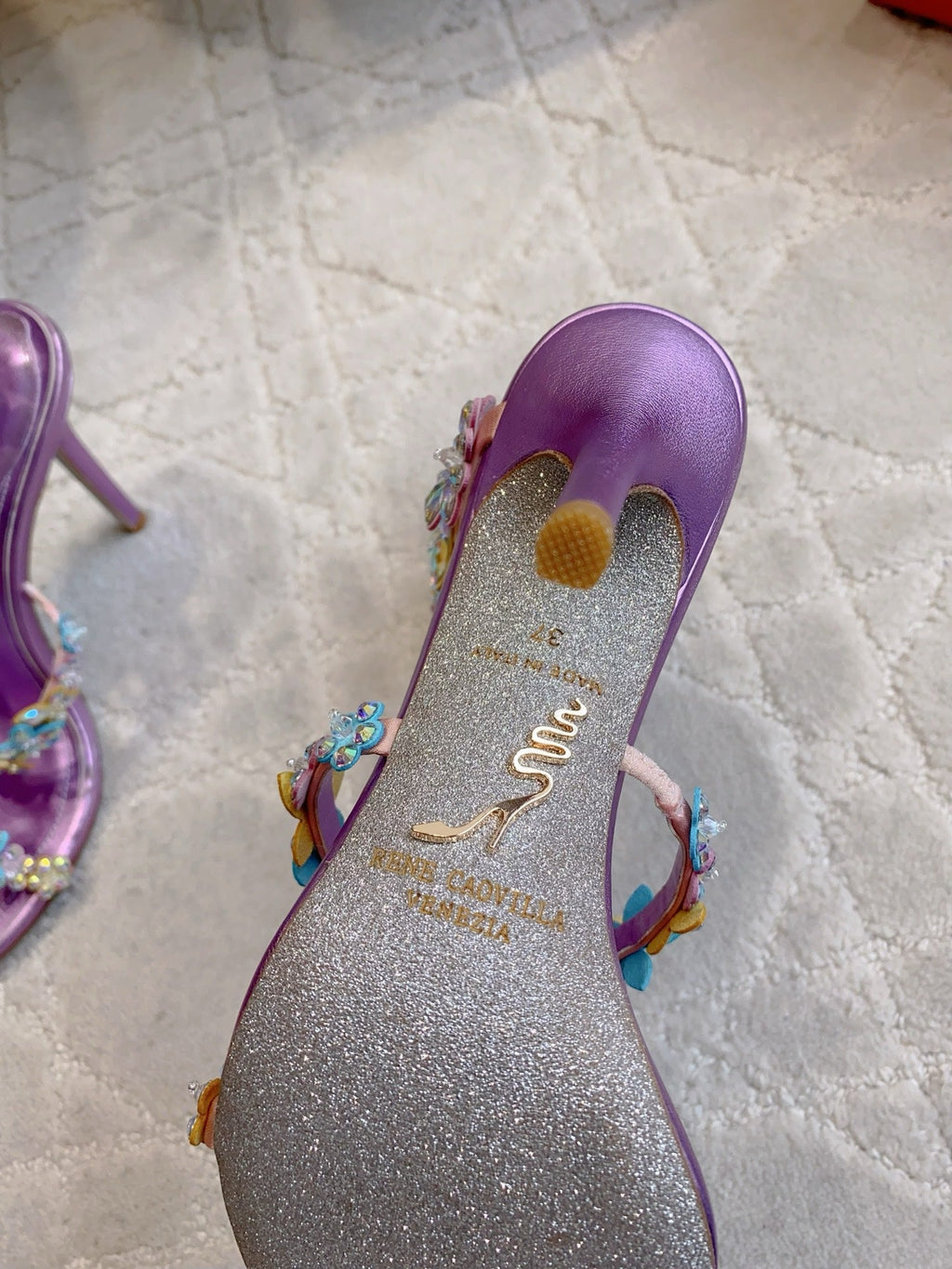 RENE CAOVILLA 26S HEEL SANDALS 95 MM IN METALLIC PURPLE LAMBSKIN CRYSTAL FLOWER EMBELLISHMENTS