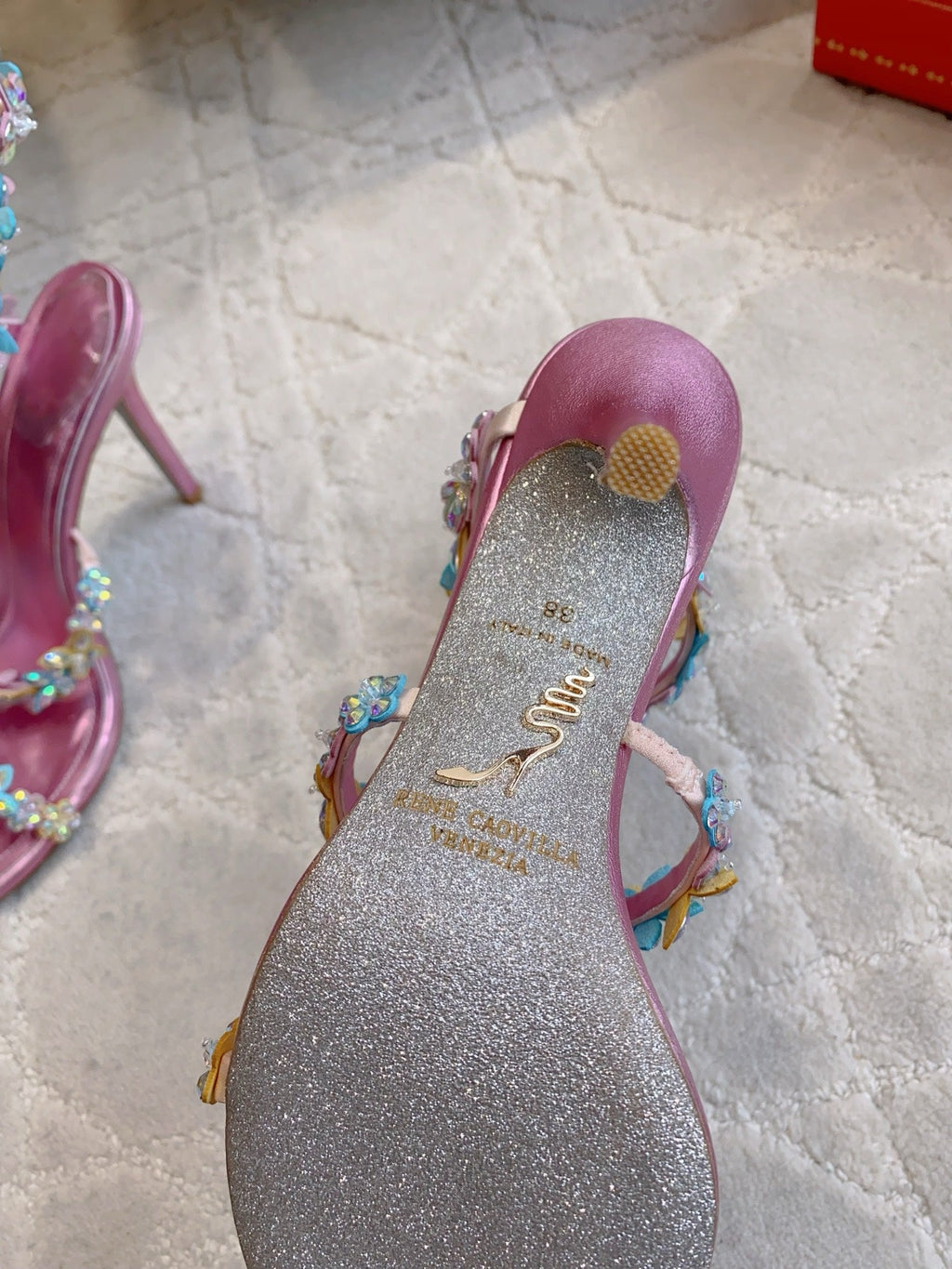 RENE CAOVILLA 26S HEEL SANDALS 95 MM IN METALLIC PINK LAMBSKIN CRYSTAL FLOWER EMBELLISHMENTS
