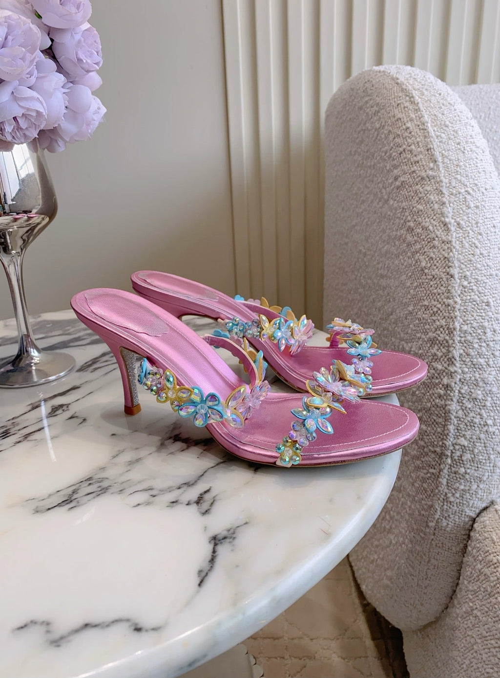 RENE CAOVILLA 26S HEEL SANDALS 65 MM IN METALLIC PINK LAMBSKIN CRYSTAL FLOWER EMBELLISHMENTS