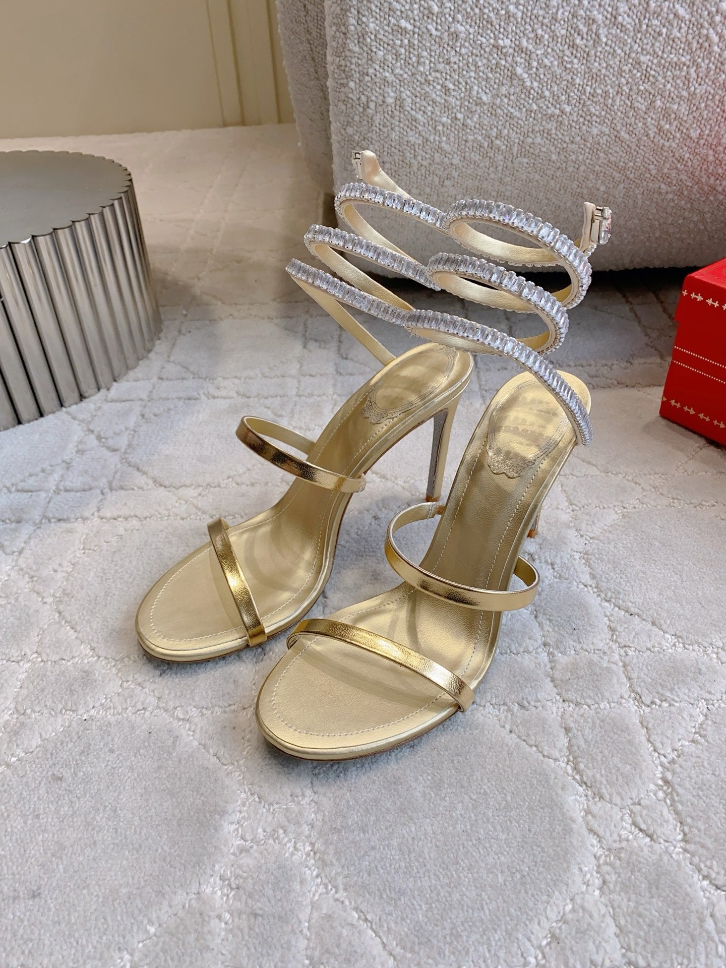 RENE CAOVILLA 26S CLEO HIGH HEELS SANDALS 95 MM IN GOLD LAMBSKIN STYLE 19