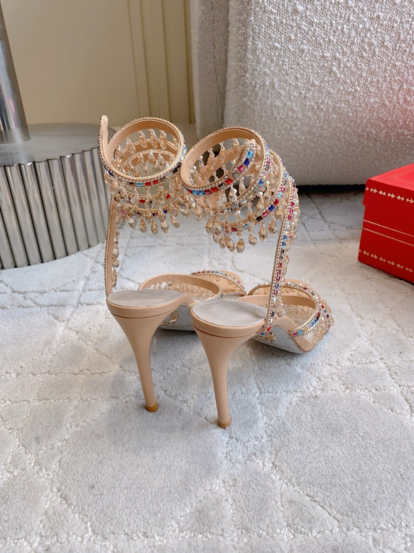 RENE CAOVILLA 26S CLEO HIGH HEELS SANDALS 95 MM IN BEIGE LAMBSKIN STYLE 17