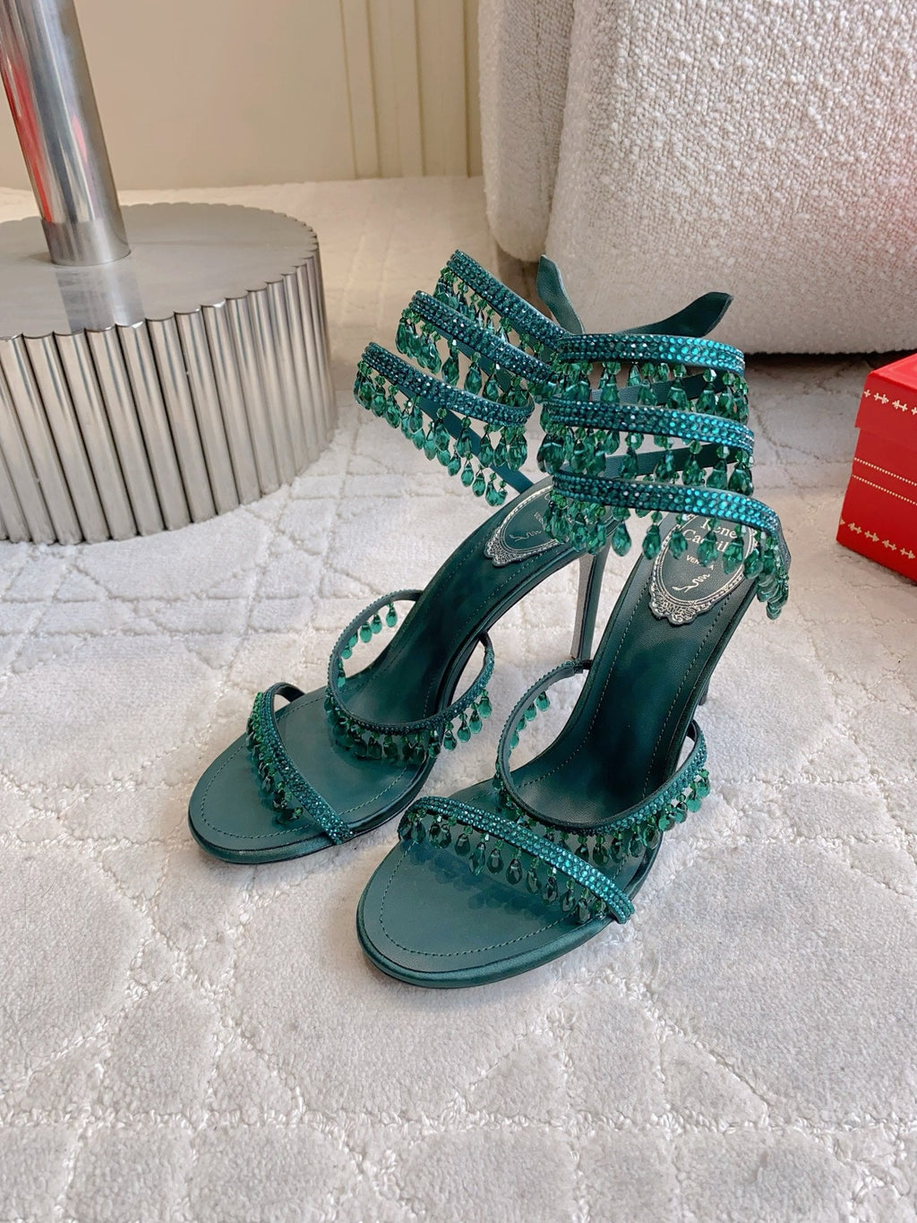 RENE CAOVILLA 26S CLEO HIGH HEELS SANDALS 95 MM IN DARK GREEN LAMBSKIN STYLE 15