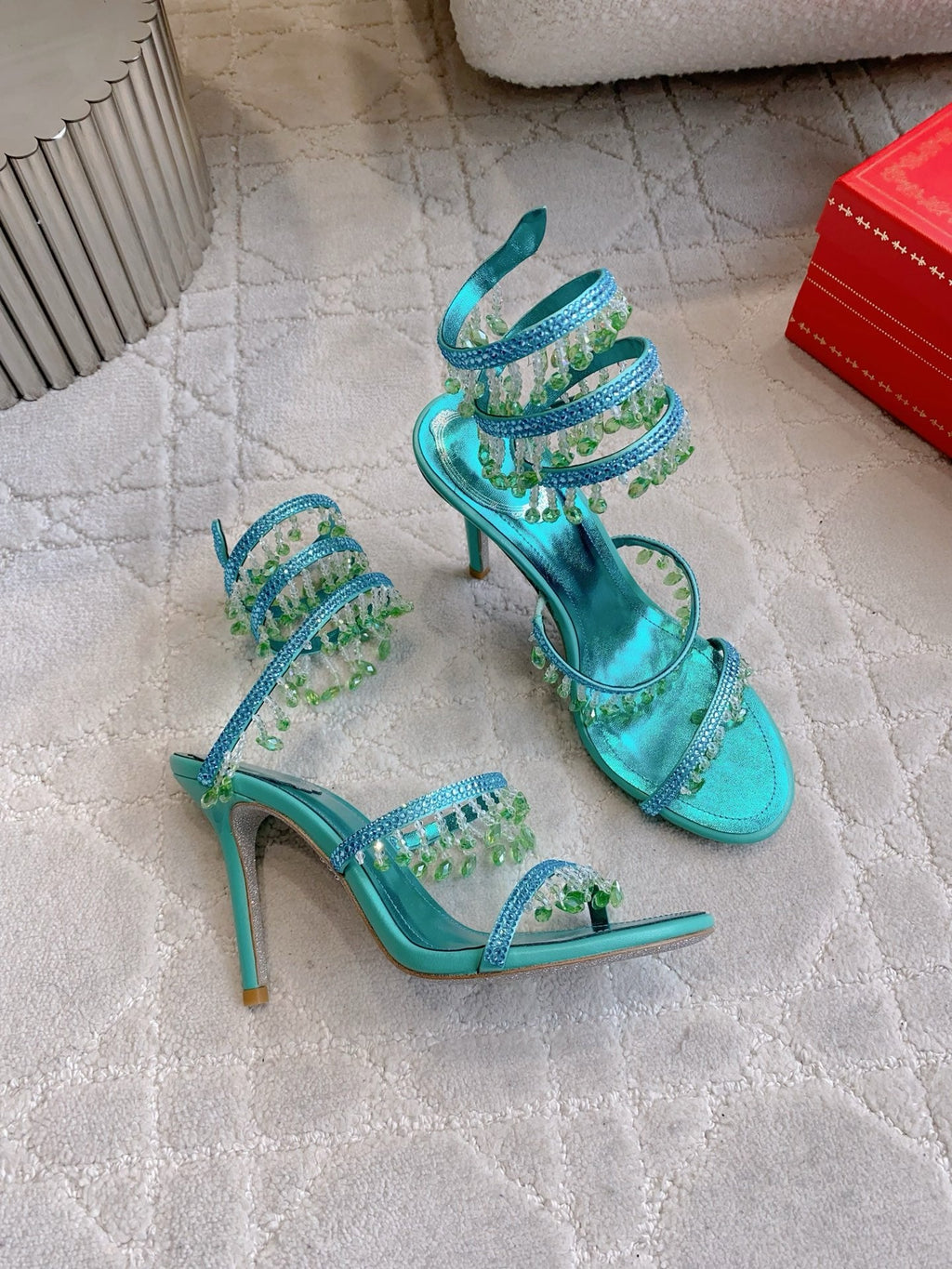 RENE CAOVILLA 26S CLEO HIGH HEELS SANDALS 95 MM IN AQUA BLUE METALLIC LAMBSKIN STYLE 9