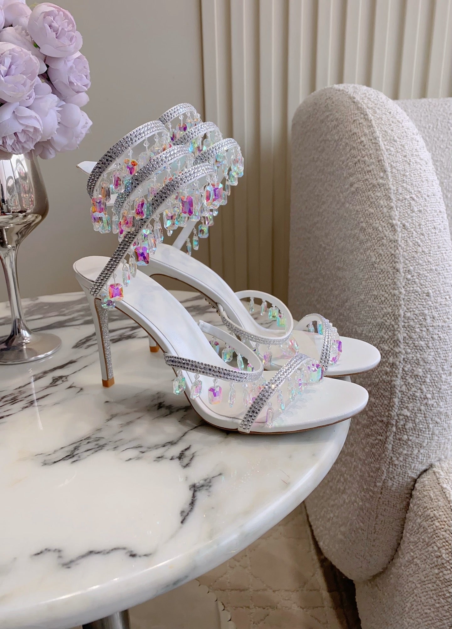 RENE CAOVILLA 26S CLEO HIGH HEELS SANDALS 95 MM IN WHITE LAMBSKIN STYLE 10