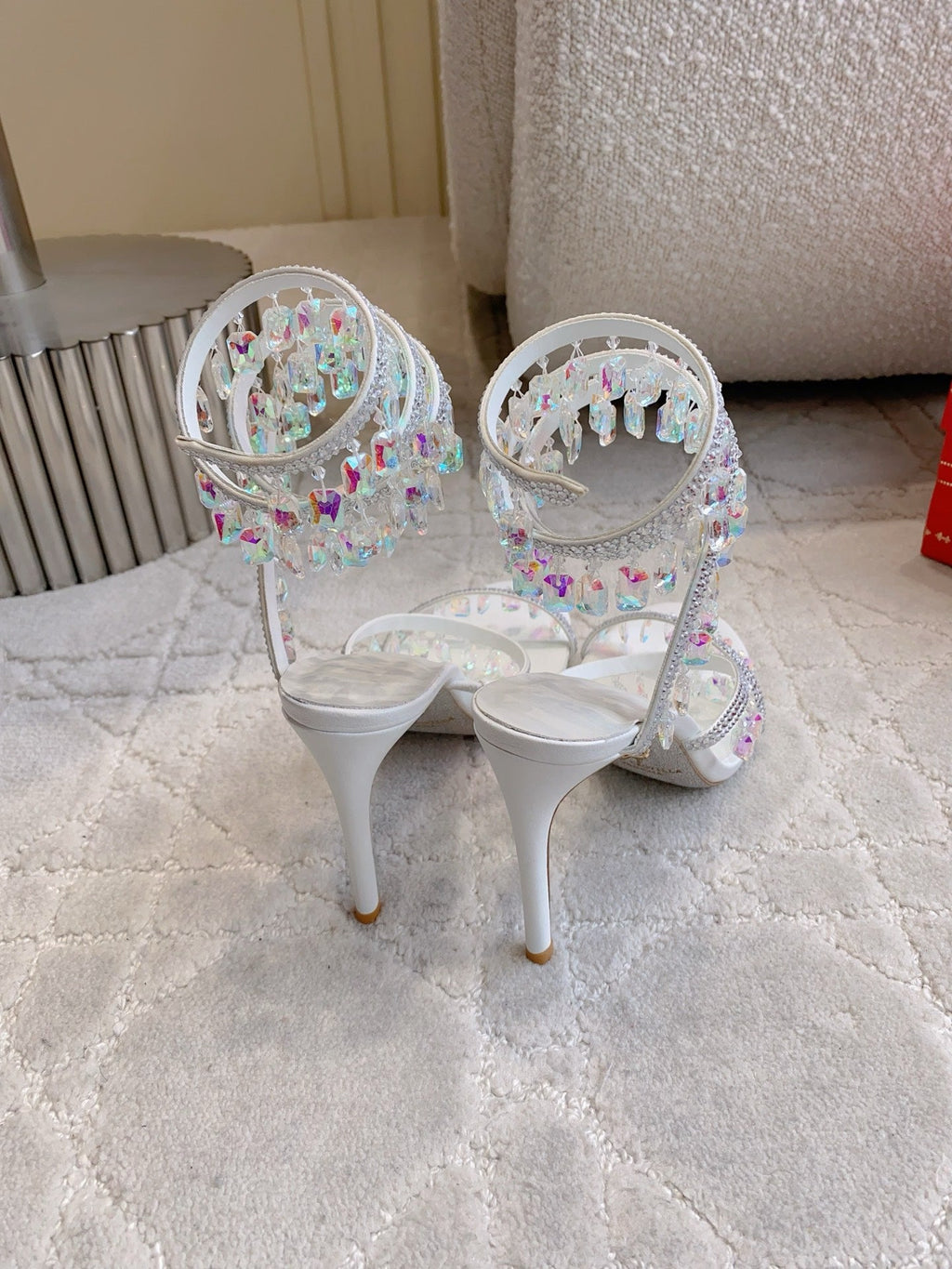 RENE CAOVILLA 26S CLEO HIGH HEELS SANDALS 95 MM IN WHITE LAMBSKIN STYLE 10