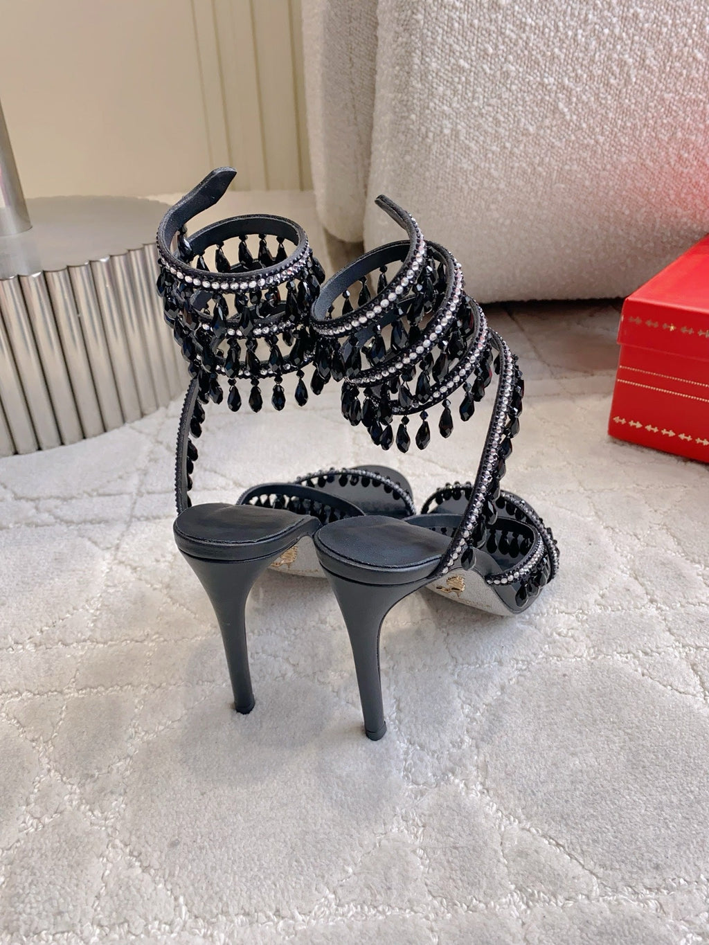 RENE CAOVILLA 26S CLEO HIGH HEELS SANDALS 95 MM IN BLACK LAMBSKIN STYLE 8