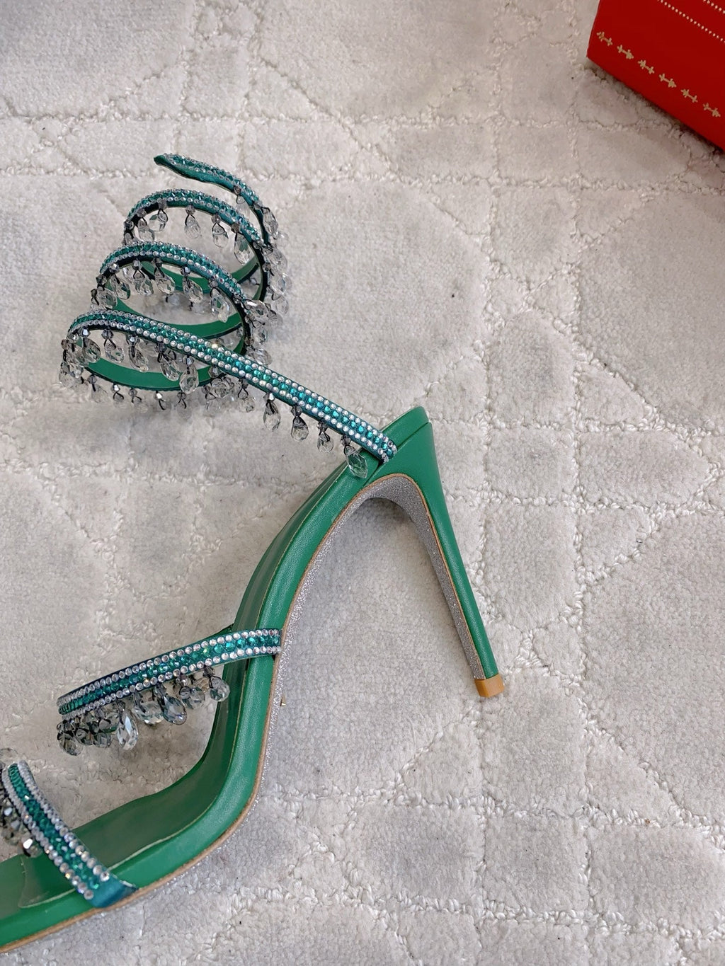RENE CAOVILLA 26S CLEO HIGH HEELS SANDALS 95 MM IN GREEN LAMBSKIN