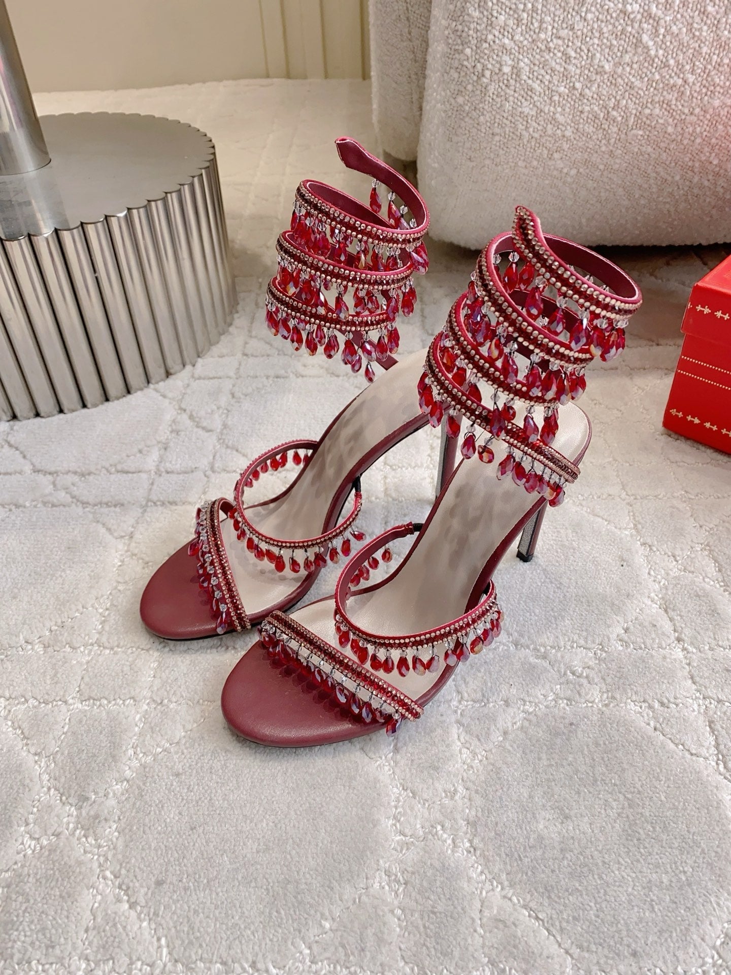 RENE CAOVILLA 26S CLEO HIGH HEELS SANDALS 95 MM IN DARK RED LAMBSKIN STYLE 12