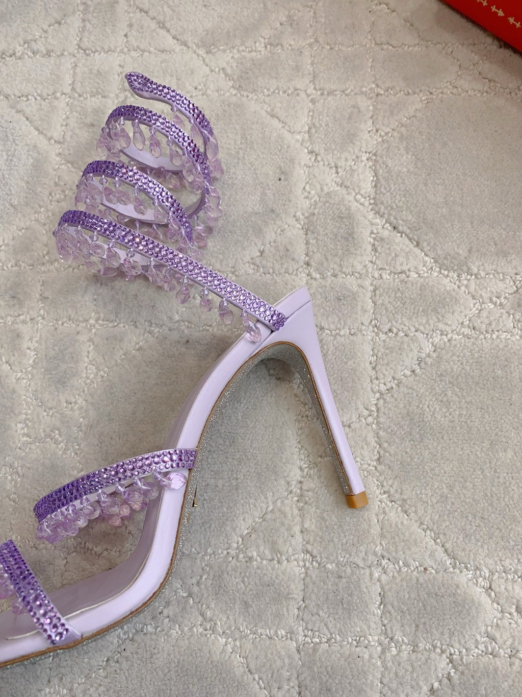 RENE CAOVILLA 26S CLEO HIGH HEELS SANDALS 95 MM IN LIGHT PURPLE LAMBSKIN STYLE 11