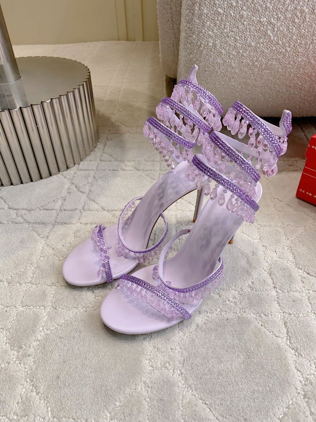 RENE CAOVILLA 26S CLEO HIGH HEELS SANDALS 95 MM IN LIGHT PURPLE LAMBSKIN STYLE 11