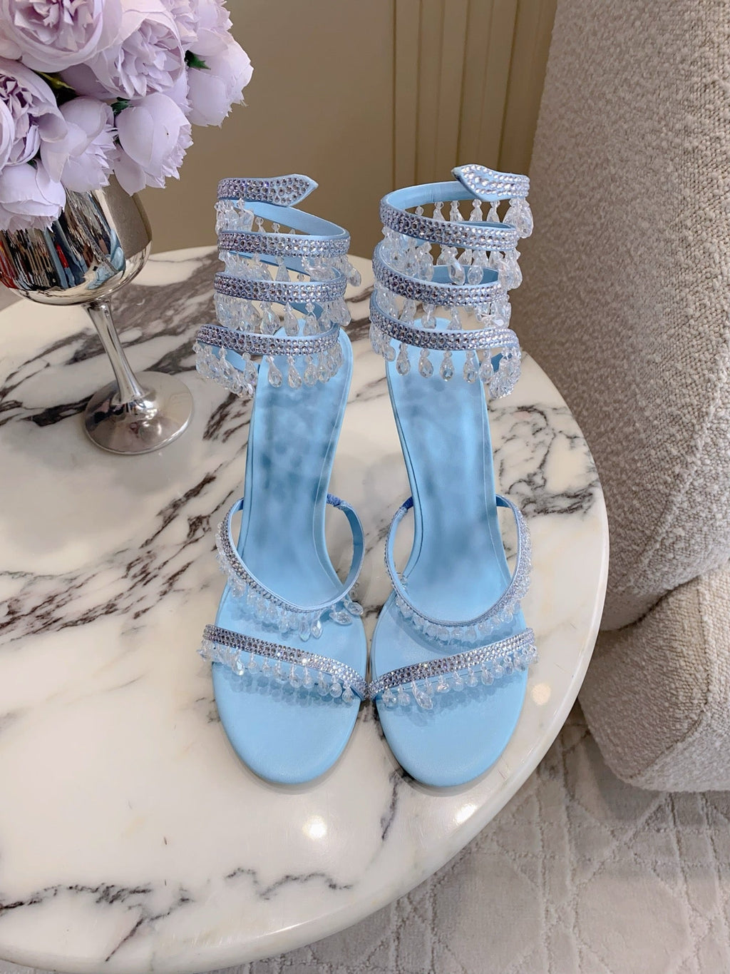 RENE CAOVILLA 26S CLEO HIGH HEELS SANDALS 95 MM IN LIGHT BLUE LAMBSKIN