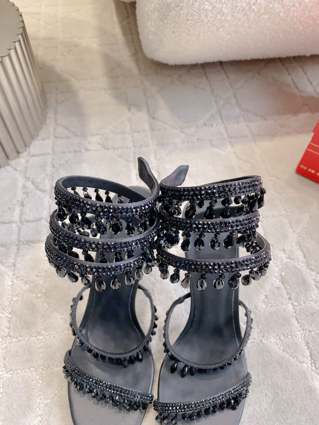 RENE CAOVILLA 26S CLEO HIGH HEELS SANDALS 95 MM IN BLACK LAMBSKIN STYLE 7