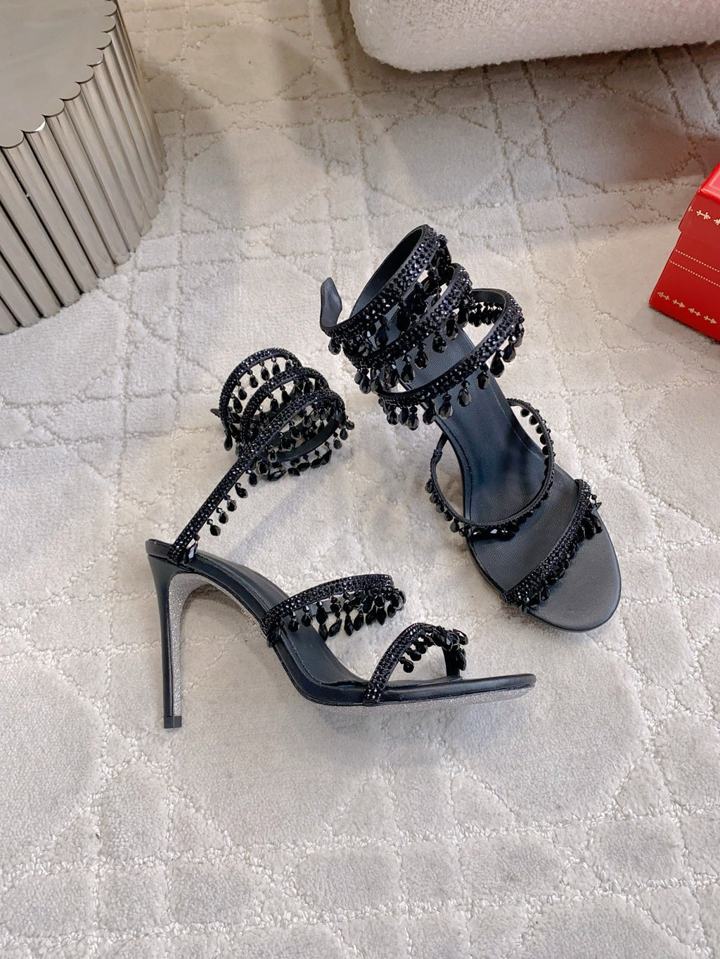 RENE CAOVILLA 26S CLEO HIGH HEELS SANDALS 95 MM IN BLACK LAMBSKIN STYLE 7