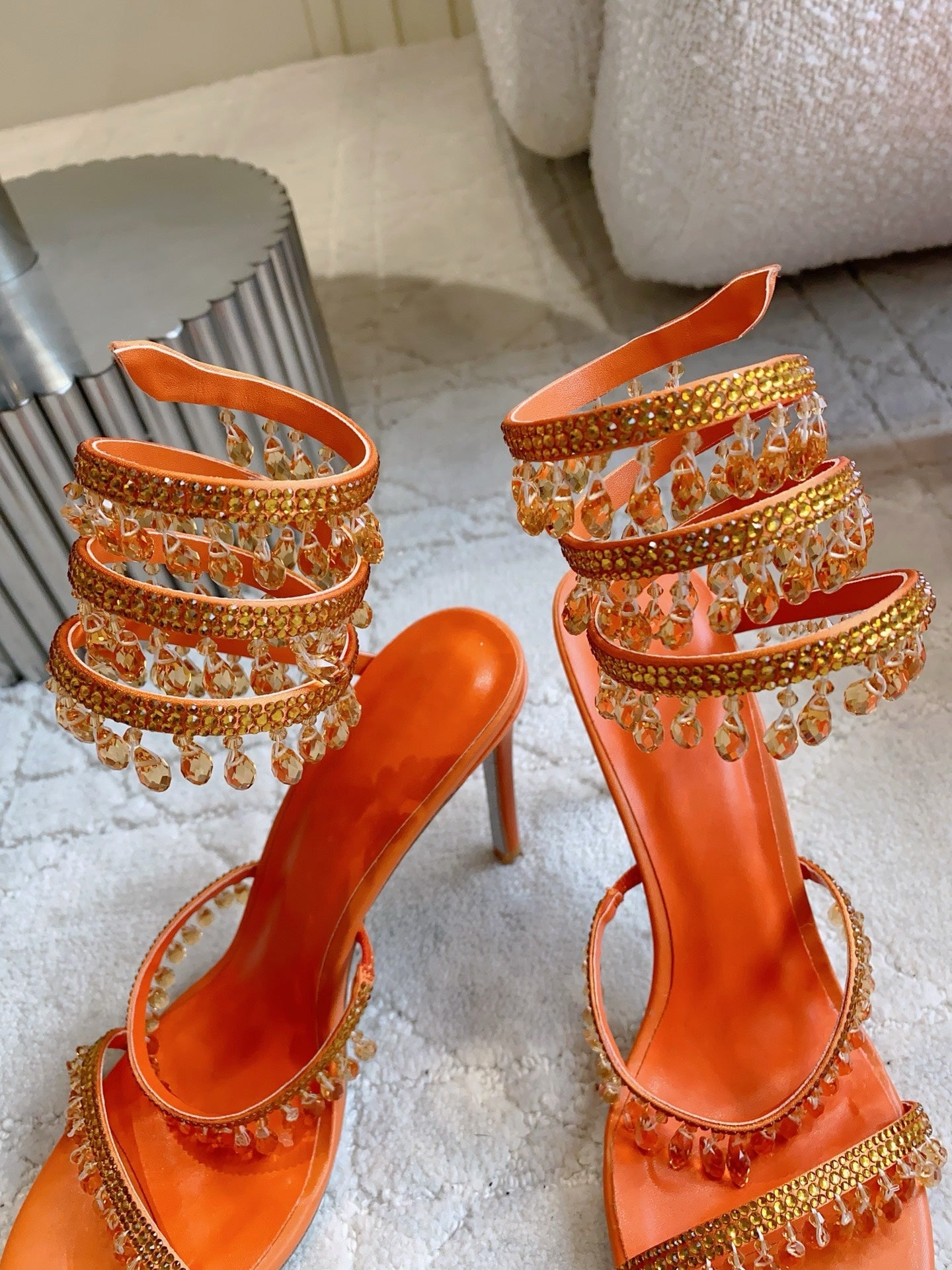 RENE CAOVILLA 26S CLEO HIGH HEELS SANDALS 95 MM IN ORANGE LAMBSKIN STYLE 4