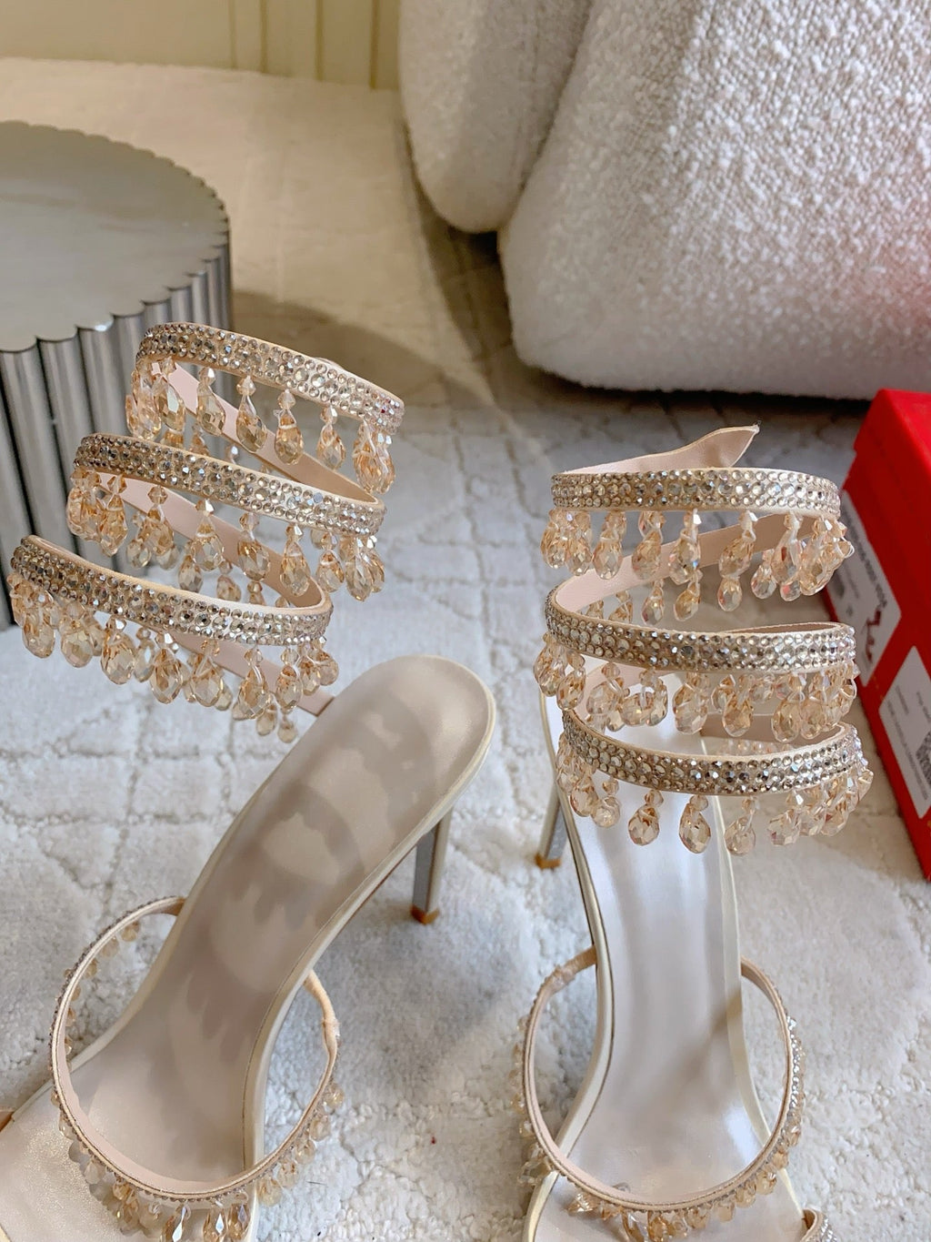 RENE CAOVILLA 26S CLEO HIGH HEELS SANDALS 95 MM IN LIGHT BEIGE LAMBSKIN