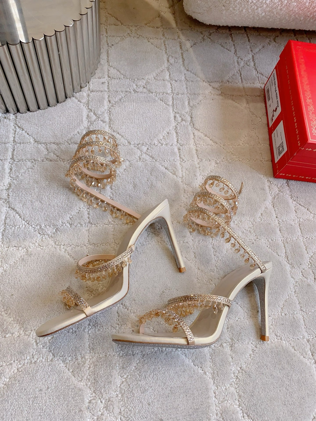 RENE CAOVILLA 26S CLEO HIGH HEELS SANDALS 95 MM IN LIGHT BEIGE LAMBSKIN