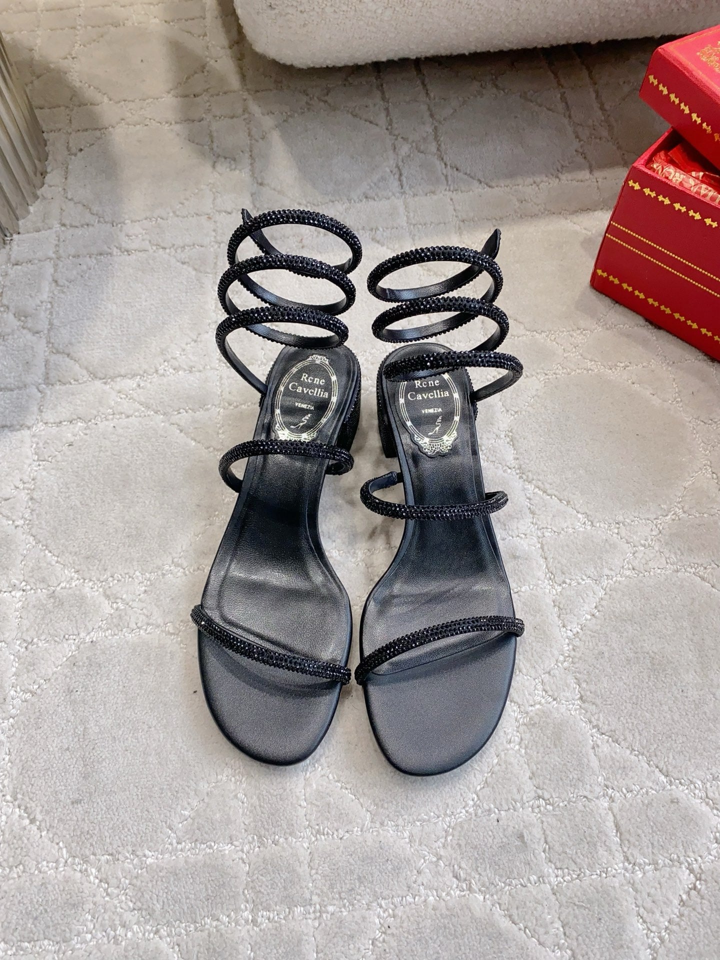 RENE CAOVILLA 26S RHINESTONE HIGH HEELS SANDALS 75 MM IN BLACK LAMBSKIN