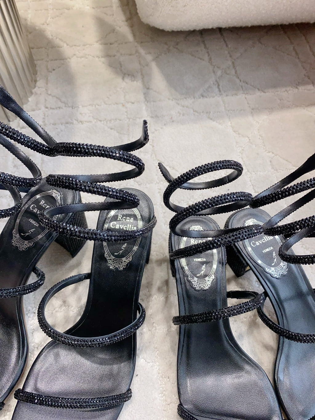 RENE CAOVILLA 26S RHINESTONE HIGH HEELS SANDALS 75 MM IN BLACK LAMBSKIN