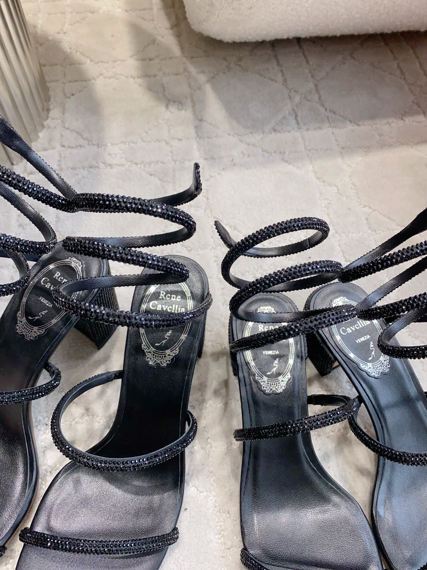 RENE CAOVILLA 26S RHINESTONE HIGH HEELS SANDALS 75 MM IN BLACK LAMBSKIN