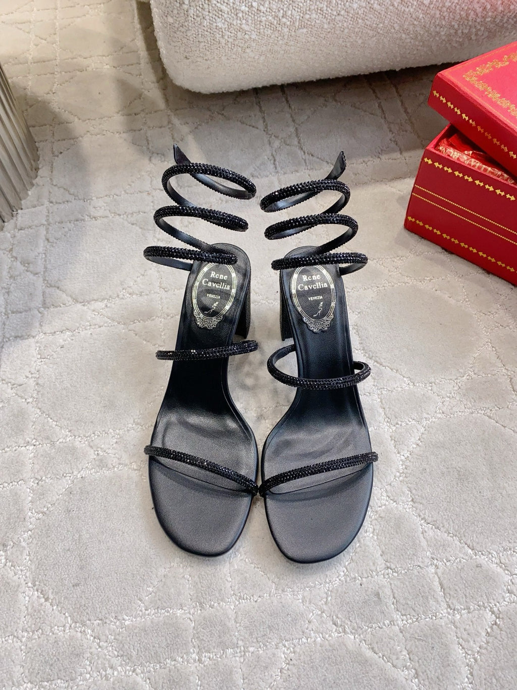 RENE CAOVILLA 26S RHINESTONE HIGH HEELS SANDALS 75 MM IN BLACK LAMBSKIN