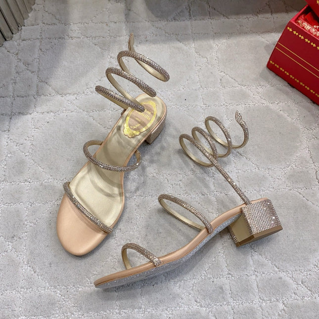 RENE CAOVILLA 26S RHINESTONE HIGH HEELS SANDALS 45 MM IN BEIGE LAMBSKIN