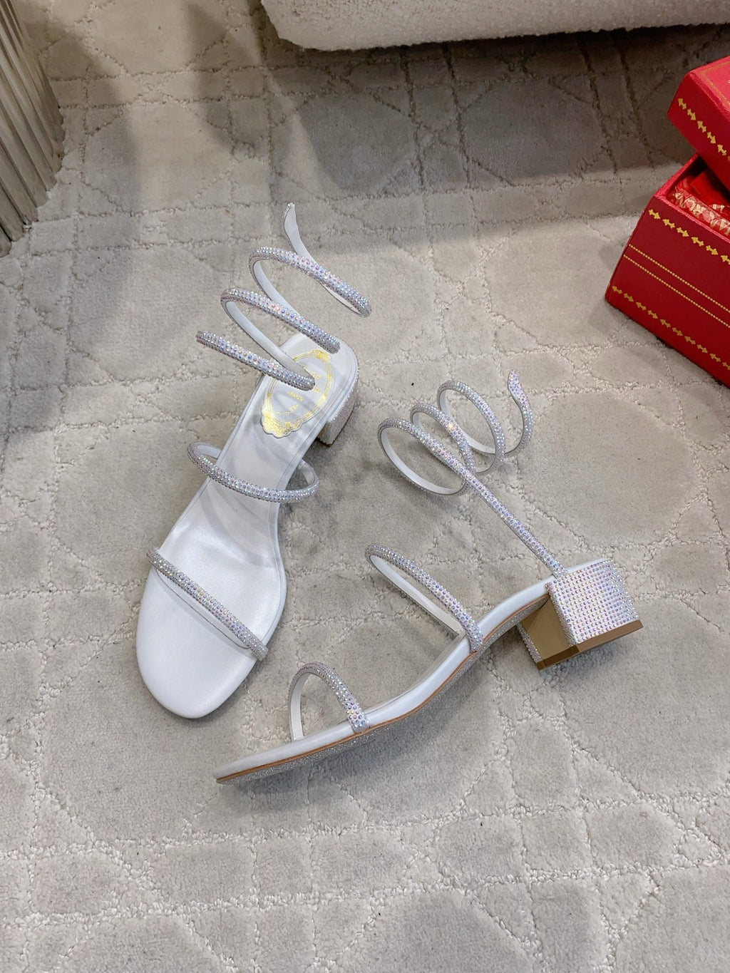 RENE CAOVILLA 26S RHINESTONE HIGH HEELS SANDALS 45 MM IN WHITE LAMBSKIN