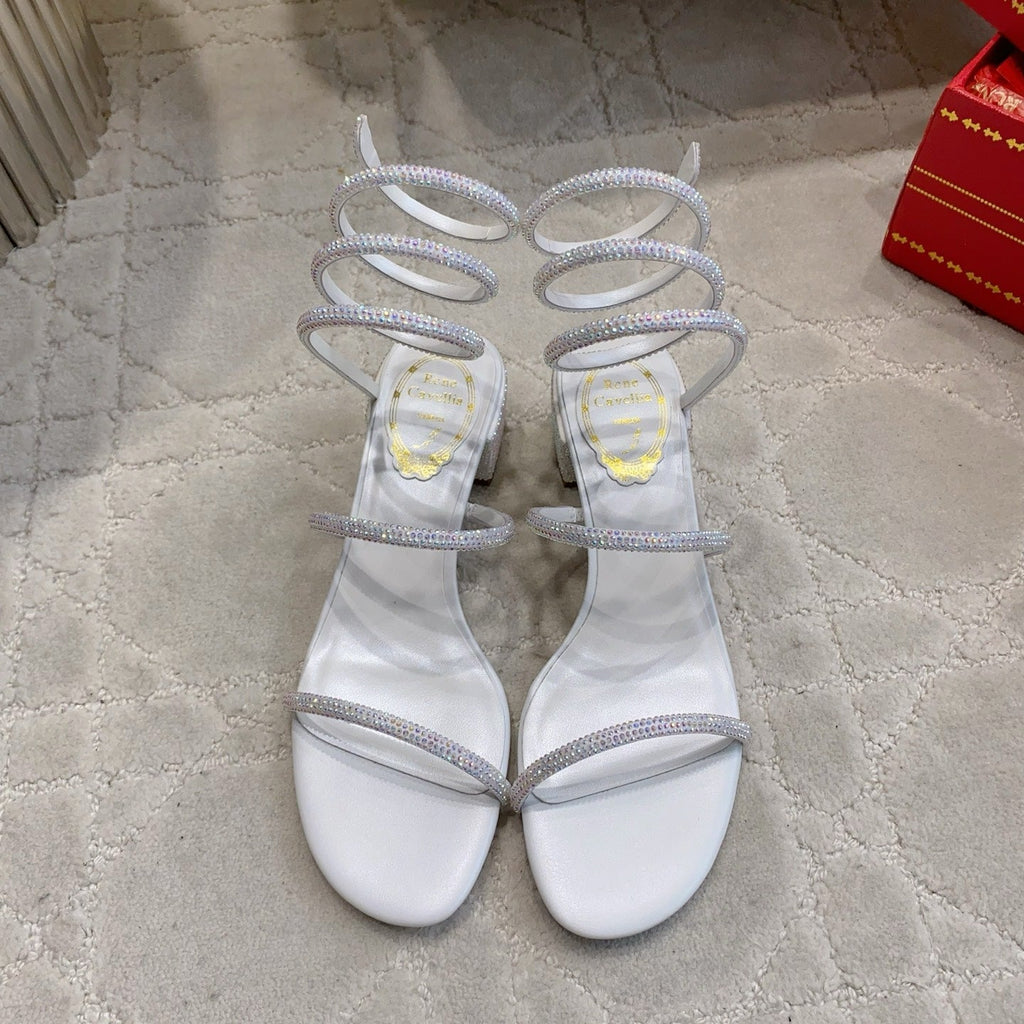RENE CAOVILLA 26S RHINESTONE HIGH HEELS SANDALS 45 MM IN WHITE LAMBSKIN