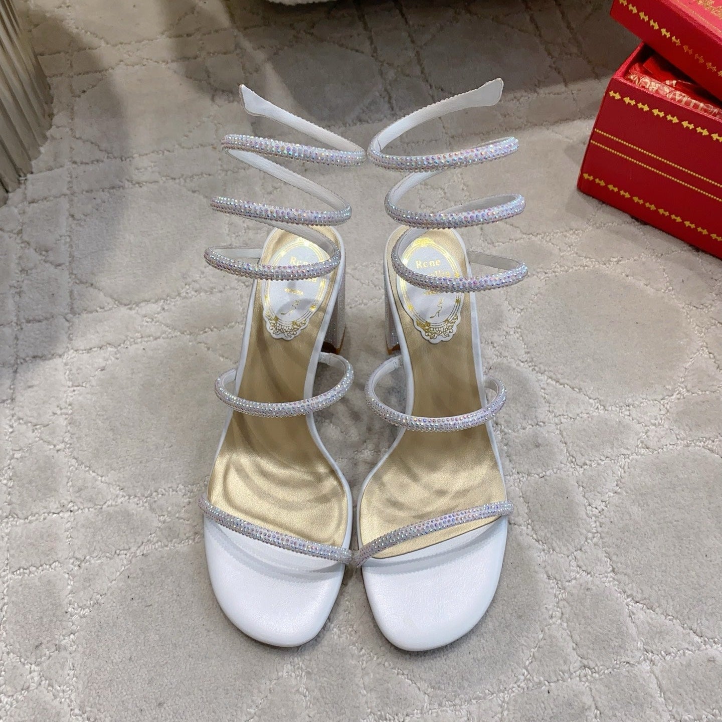 RENE CAOVILLA 26S RHINESTONE HIGH HEELS SANDALS 75 MM IN WHITE LAMBSKIN