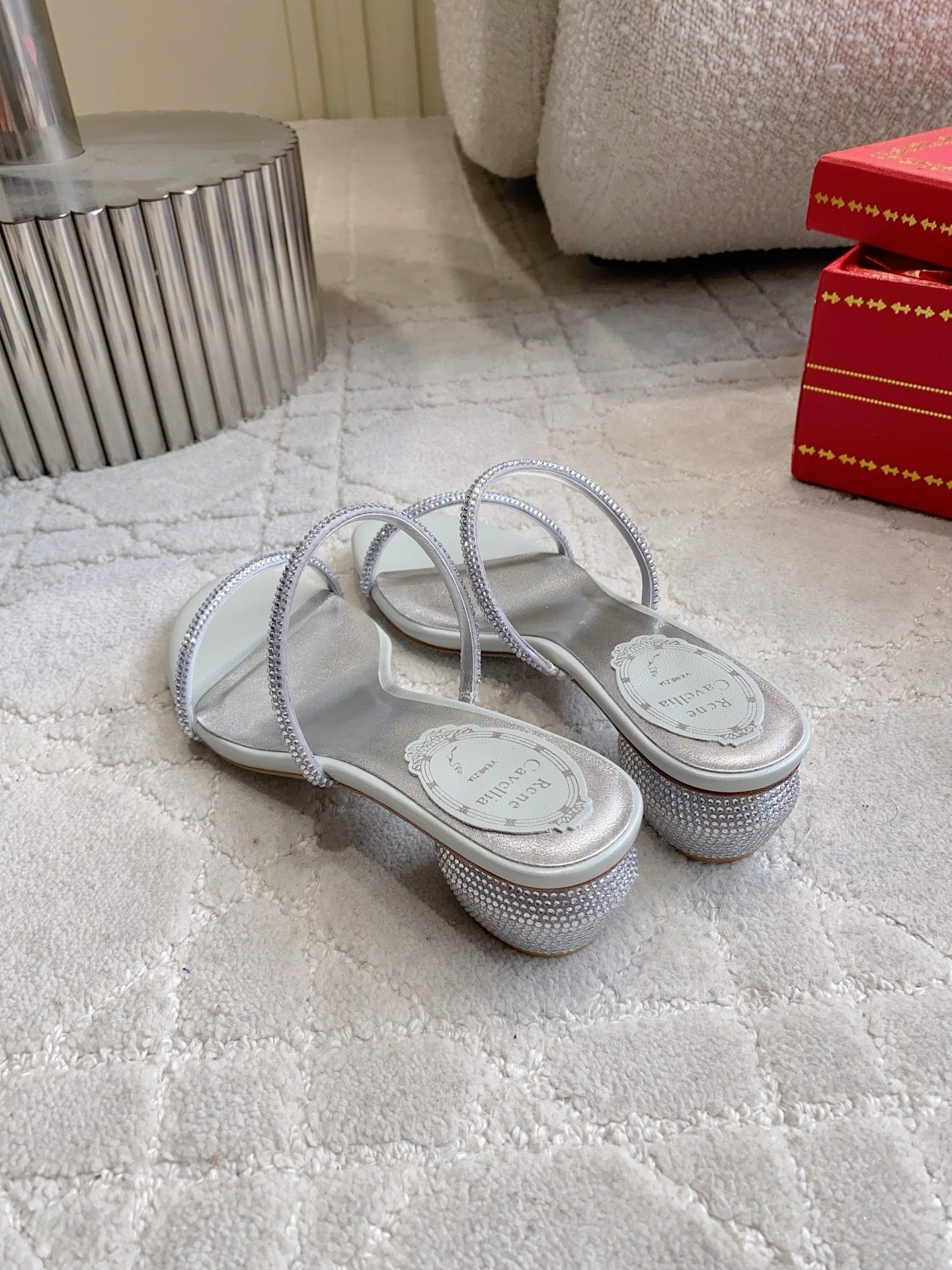 RENE CAOVILLA 26S HIGH-HEELED SANDALS 45 MM IN SILVER LAMBSKIN
