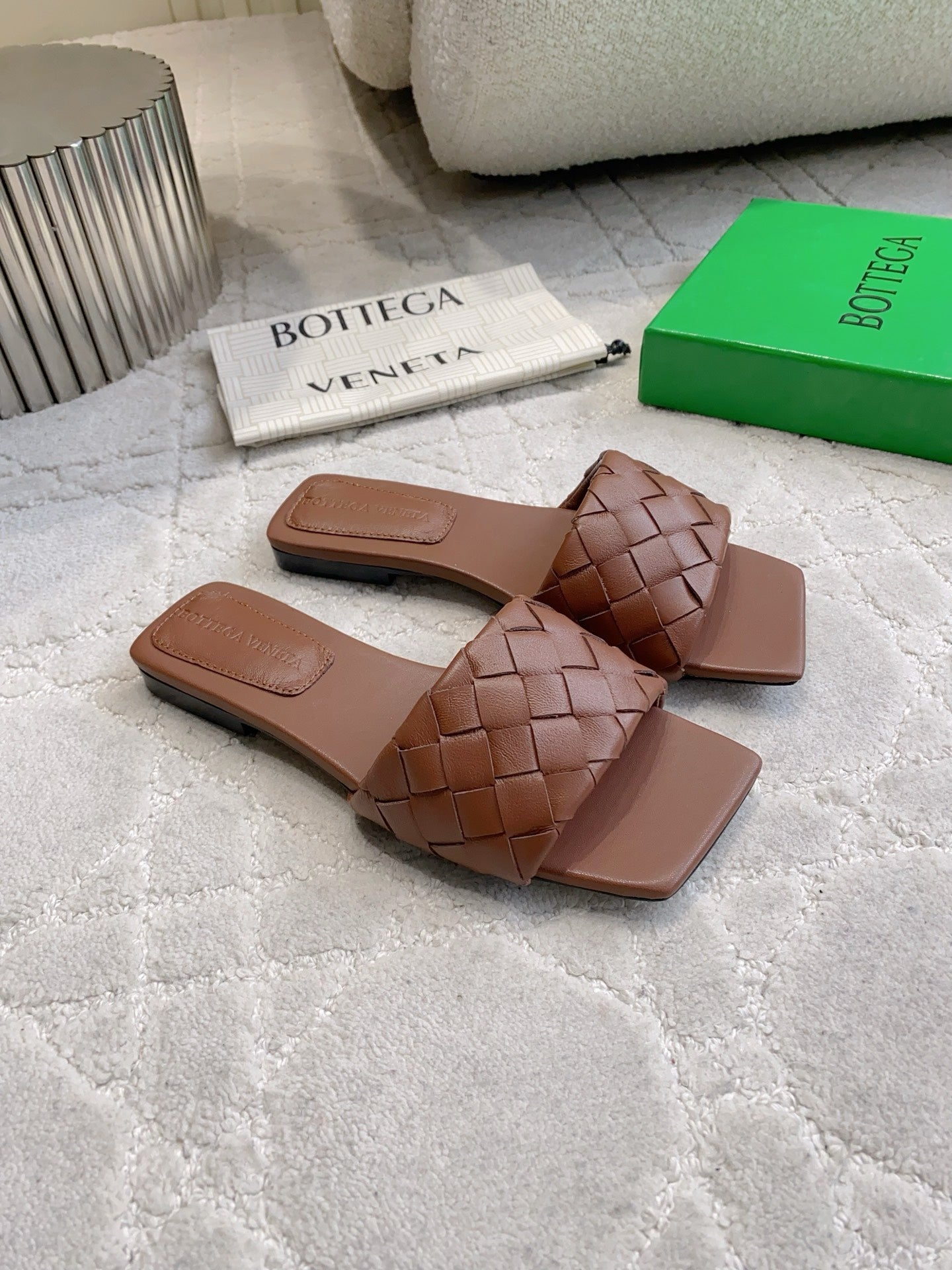 BOTTEGA VENETA 26S SQUARE-TOE SLIDE SANDALS IN BROWN LAMBSKIN