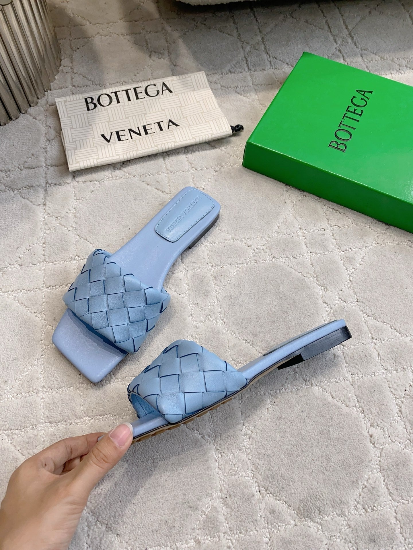 BOTTEGA VENETA 26S SQUARE-TOE SLIDE SANDALS IN BLUE LAMBSKIN