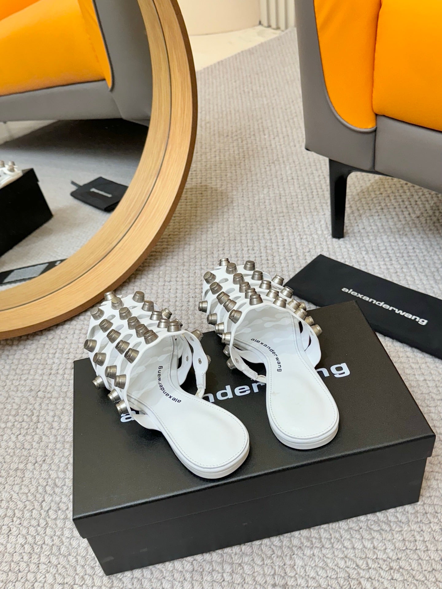 RHODES STUDDED REXA CAGE SLIDE IN WHITE LAMBSKIN
