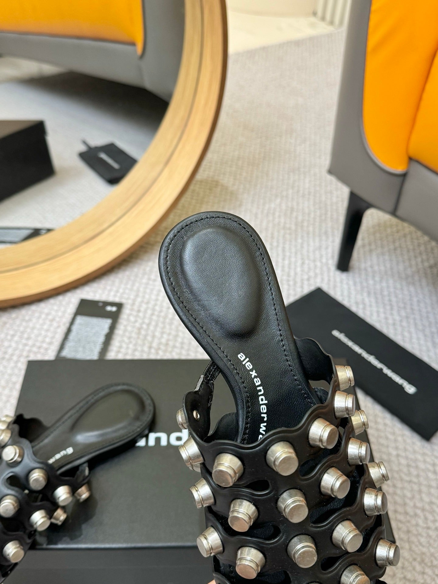 RHODES STUDDED REXA CAGE SLIDE IN BLACK LAMBSKIN