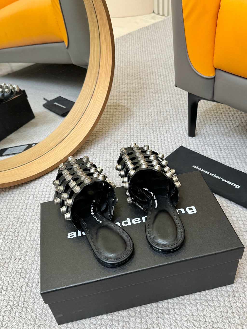 RHODES STUDDED REXA CAGE SLIDE IN BLACK LAMBSKIN