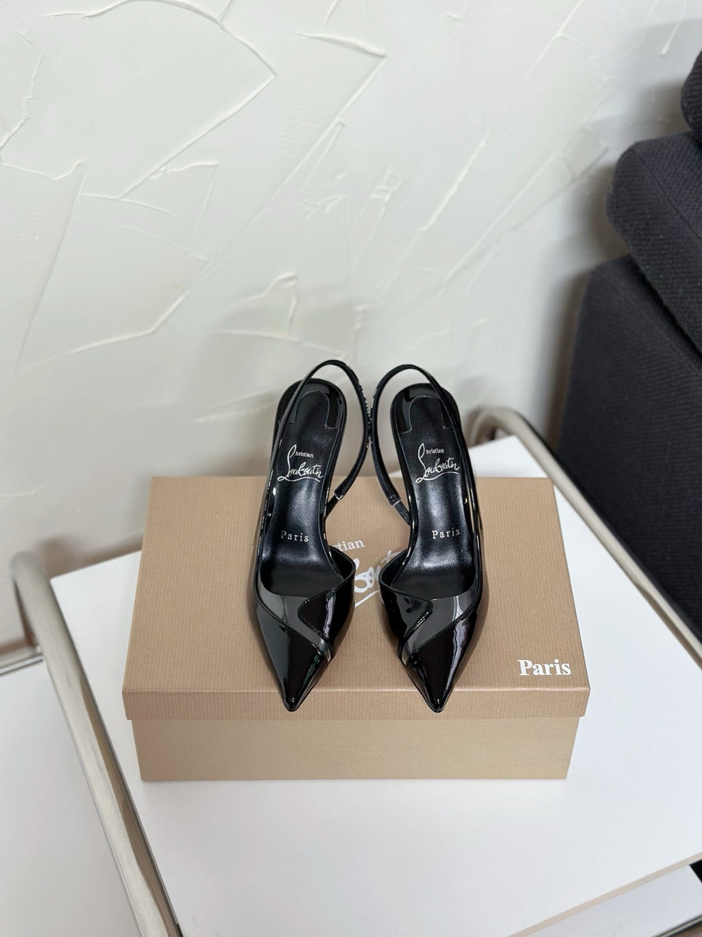 TRANSPARENT PANEL SLING BACK PUMPS IN BLACK PATENT CALFSKIN
