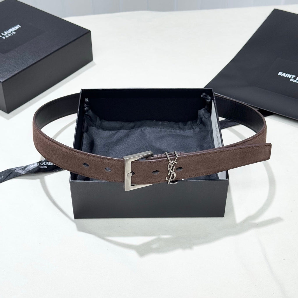 YSL 25S BELT 30 MM IN ASH BROWN SUEDE WITH SILVER HARDWARE 586766