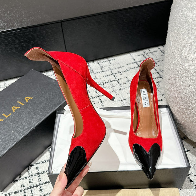 ALAIA HIGH PUMPS 10CM IN CHERRY RED SUEDE MIX BLACK CALFSKIN
