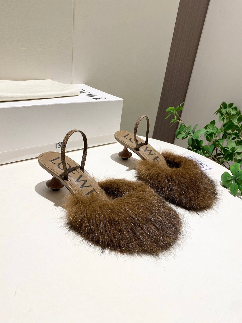 LOEWE 26S OPEN-BACK HIGH HEELS 60MM IN DARK BROWN CALFSKIN WITH FUR