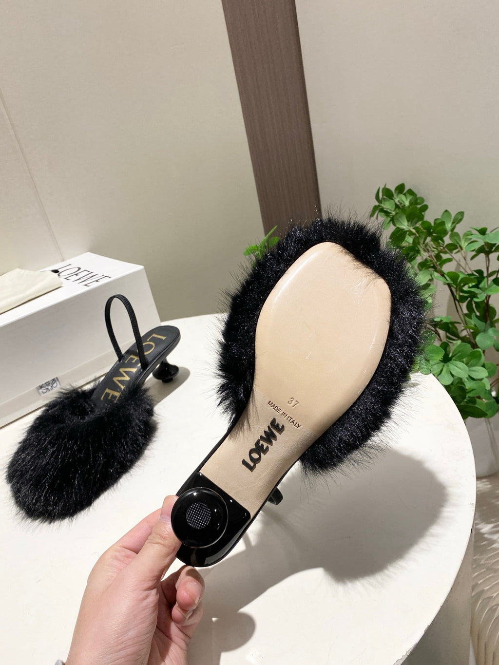 LOEWE 26S OPEN-BACK HIGH HEELS 60MM IN BLACK CALFSKIN WITH FUR
