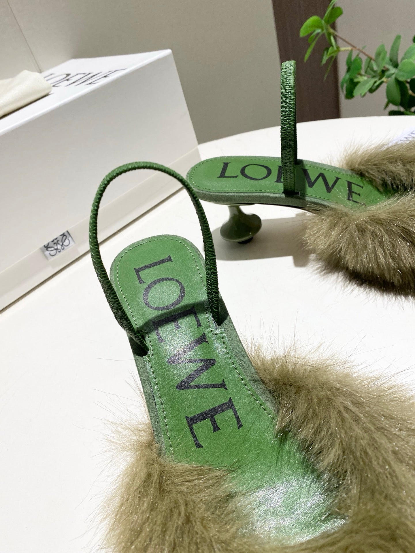 LOEWE 26S OPEN-BACK HIGH HEELS 60MM IN GREEN CALFSKIN WITH FUR