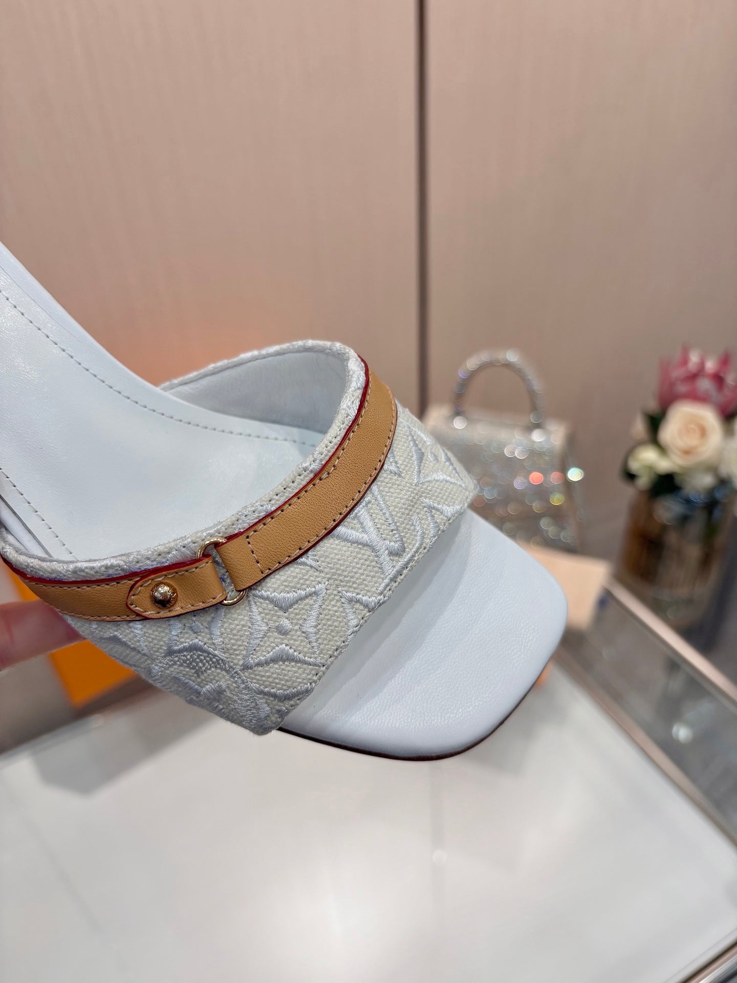 LV 26S HIGH-HEELED MULES 55 MM IN PALE BLUE GRAY EMBROIDERED MONOGRAM CANVAS