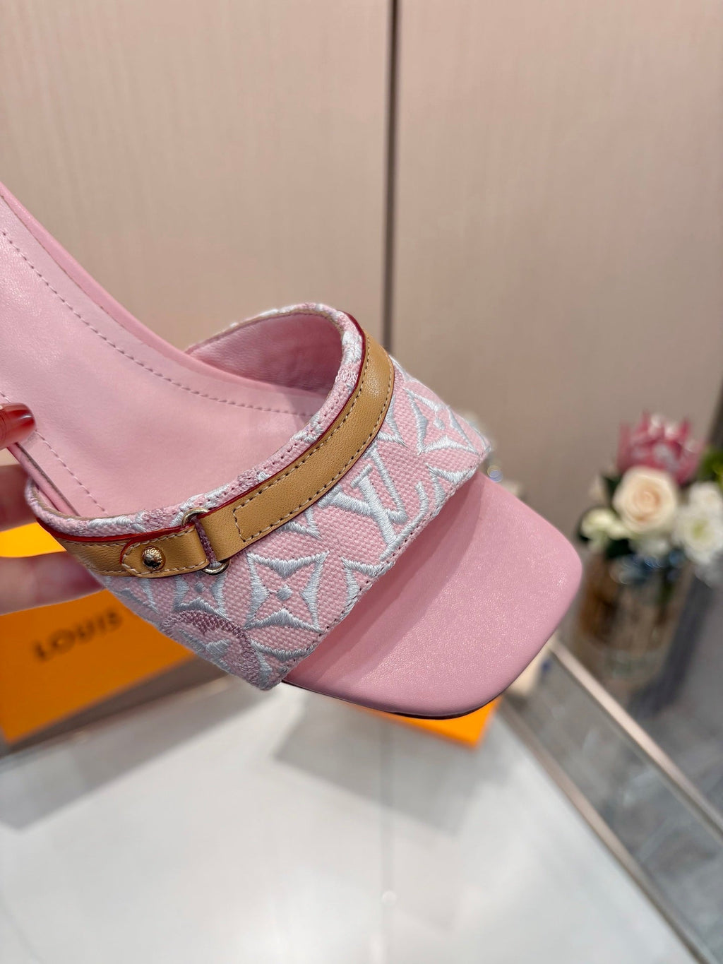 LV 26S HIGH-HEELED MULES 55 MM IN PINK EMBROIDERED MONOGRAM CANVAS