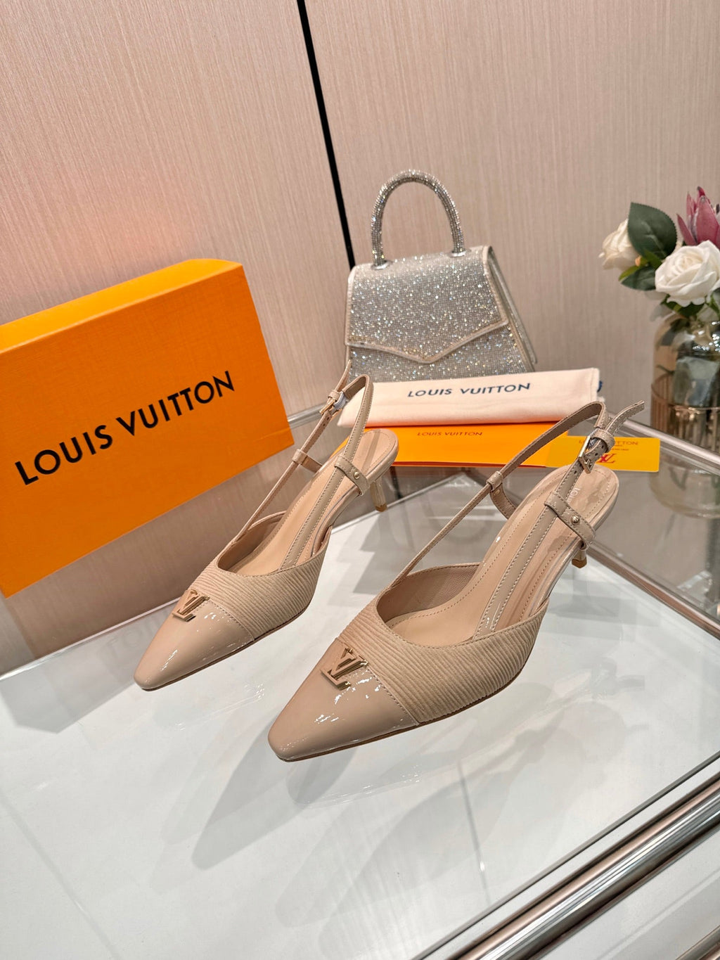 LV 26S SLINGBACK PUMPS 55 MM IN BEIGE BROWN FABRIC AND CALFSKIN