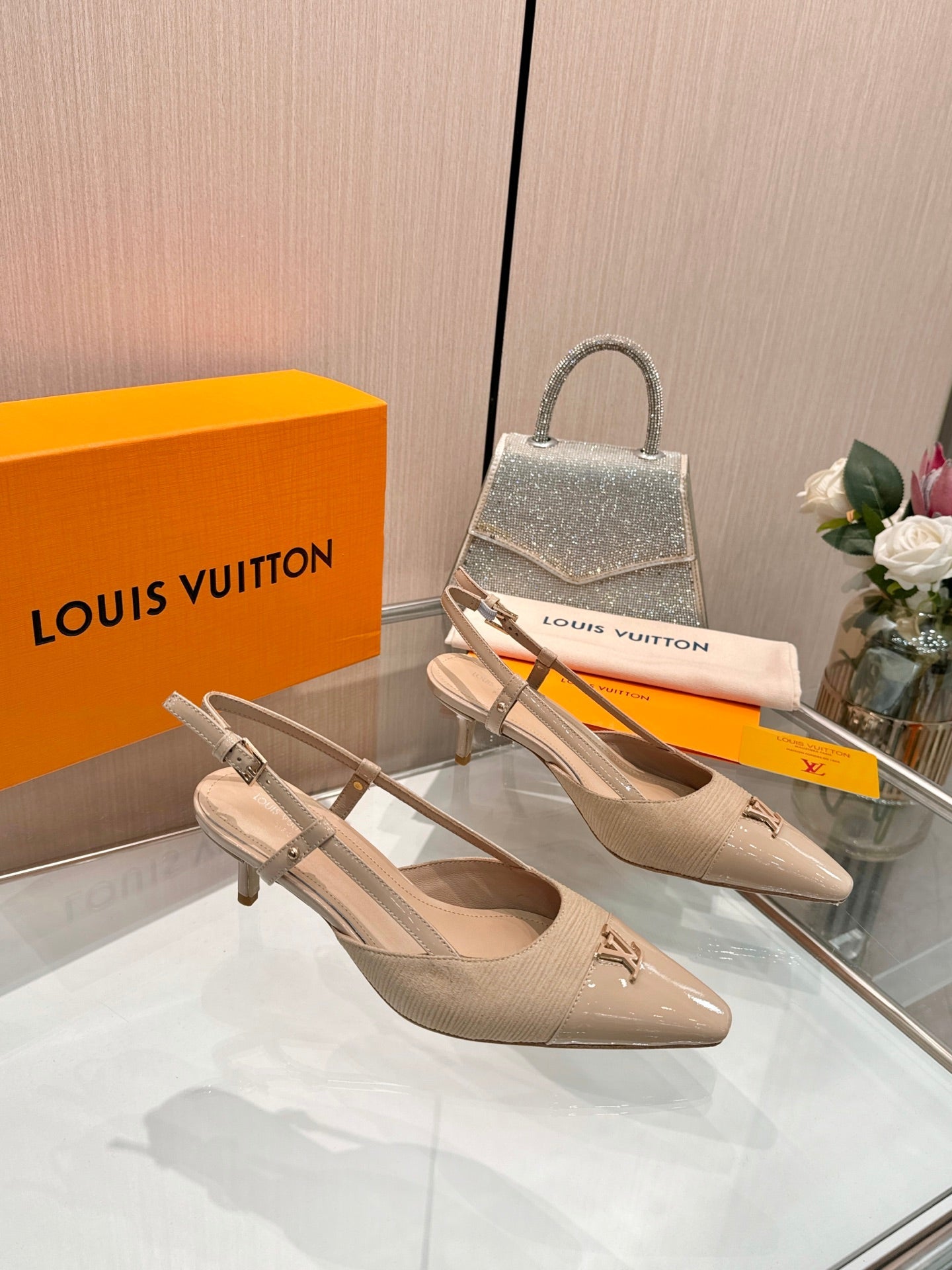 LV 26S SLINGBACK PUMPS 55 MM IN BEIGE BROWN FABRIC AND CALFSKIN
