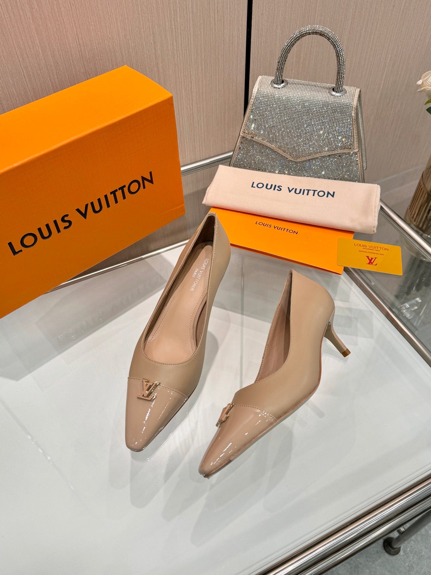 LV 26S POINTED-TOE HIGH HEELS 55 MM IN BEIGE BROWN CALFSKIN
